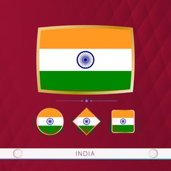 Set of India flags with gold frame for use at sporting events on a burgundy abstract background. vector