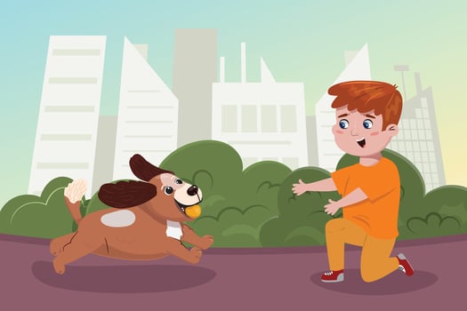 Flat cartoon illustration with a boy and dog playing with a ball outdoors. Pet, love, friendship, fun, leisure, tenderness, care concept illustration. vector