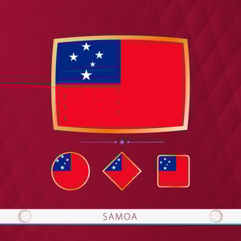 Set of Samoa flags with gold frame for use at sporting events on a burgundy abstract background. vector