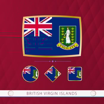 Set of British Virgin Islands flags with gold frame for use at sporting events on a burgundy abstract background. vector