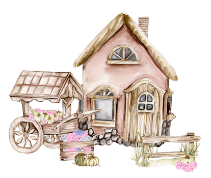 Fall composition with pink hydrangea ,pumpkins and farm house. png