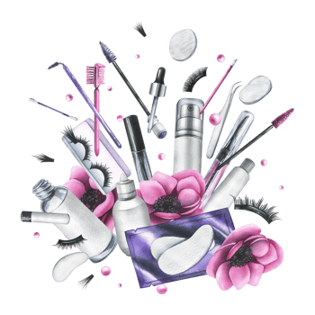 Pink anemone flowers and various decorative and skin care cosmetics. Watercolor illustration, hand drawn. Isolated composition png