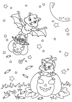 A bat carries a pumpkin basket with sweets. Cute cat sits in a pumpkin. Halloween theme. Coloring book page for kids. Cartoon style. Vector illustration isolated on white background.