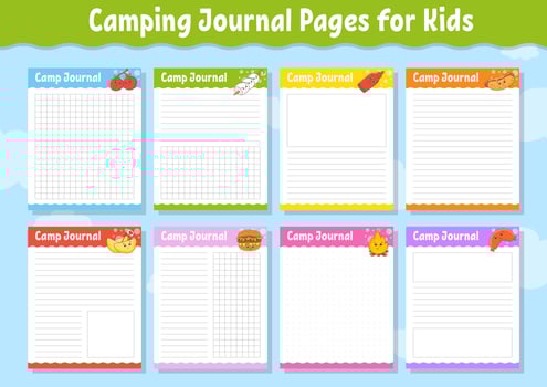 Lined sheet template for camp journal. Handwriting paper. For diary, planner, checklist, wish list. With cute character. Vector illustration.