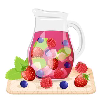 Berries juice in a glass jug decorated with mint strawberry, blueberry and raspberry standing on the wooden tray. vector