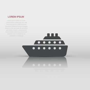Ship cruise sign icon in flat style. Cargo boat vector illustration on white isolated background. Vessel business concept.