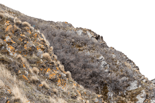 Hill view with rough stones and dry grass concept photo. png