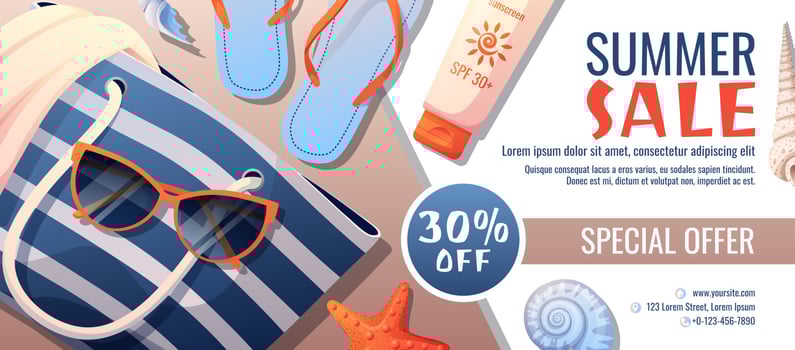 Summer banner with beach accessories. Discount coupon, special summer offer. Background, flyer with seashells, bag, sunscreen vector