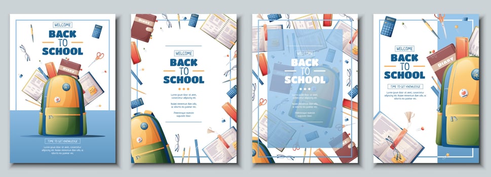 Set of flyer template with school backpack, books and textbooks. School time, back to school, education. Flyer, poster, banner size a 4 vector