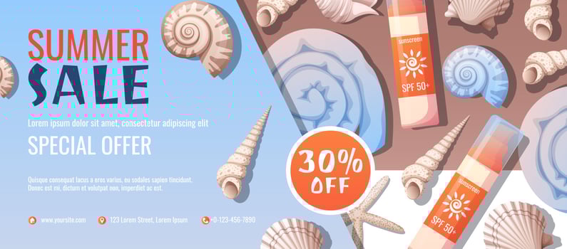 Summer banner with beach accessories. Discount coupon, special summer offer. Background, flyer with seashells, bag, sunscreen vector