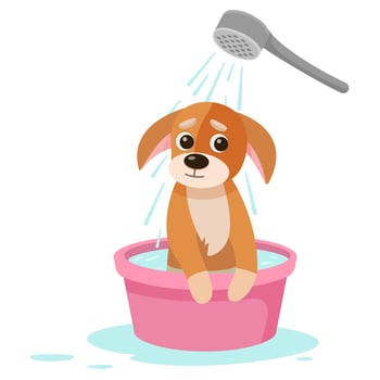 Cartoon dog takes a shower. Spa and dog care concept. Cute red dog enjoys salon treatments. Clean happy pet. Vector illustration.