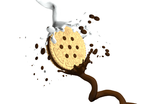 Stream of milk and stream of chocolate cream colliding and splashing a vanilla sandwich biscuit with chocolate cream. 3D Illustration png