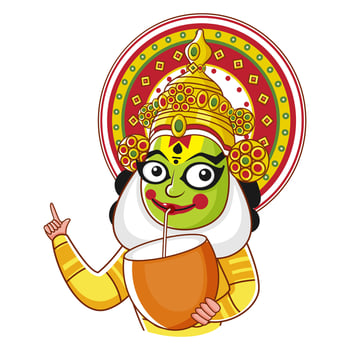 Illustration of Cartoon Kathakali Dancer Enjoy Coconut Drink. vector