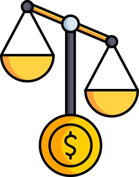 Money coin with balance scale icon in yellow and black color. vector