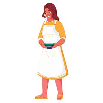 Young Woman Wearing Apron with Hold Bowl on White Background. vector