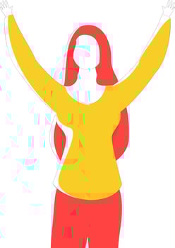 Vector illustration of hands up woman standing cartoon character.