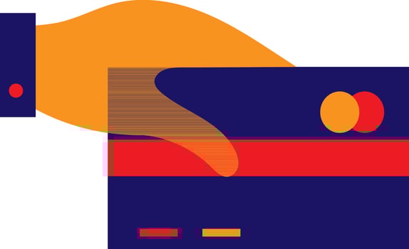 Blue and orange hand holding debit card. vector