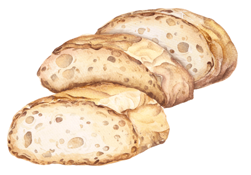 Baguette cut in half, French bread. Hand drawn watercolor illustration.Bakery for design menu cafe.Baked bread. png