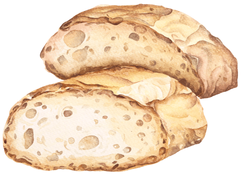 Baguette cut in half, French bread. Hand drawn watercolor illustration.Bakery for design menu cafe.Baked bread. png