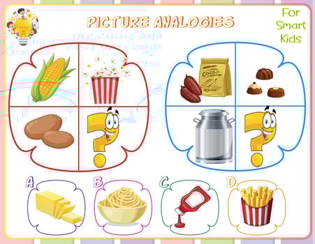 Logic worksheet picture analogies for kids are educational exercises that help children develop logical reasoning skills by identifying relationships between pictures. They enhance critical thinking vector