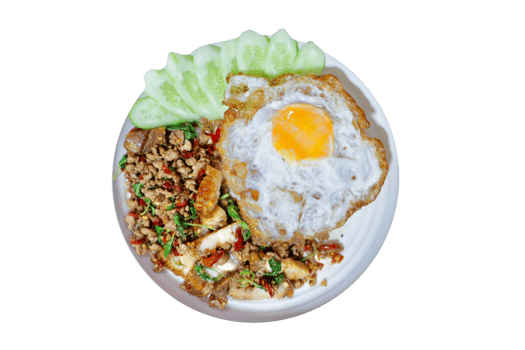 Thai food menu is stir fried basil with pork and fried egg on rice png