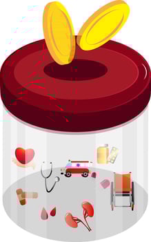 Medical charity box with golden coins. vector
