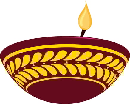 Illuminated oil lamp Diya with yellow floral design. vector
