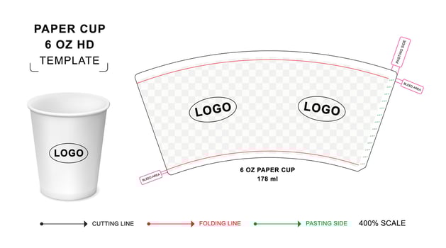 Paper cup die cut template for 6 oz HD, Hot drink paper cup mockup, paper cup curved template vector