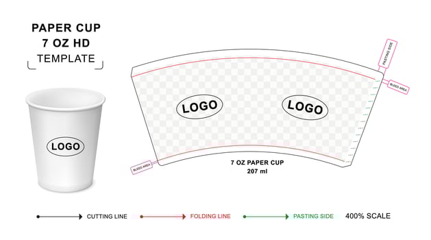 Paper cup die cut template for 7 oz HD, Hot drink paper cup mockup, paper cup curved template vector