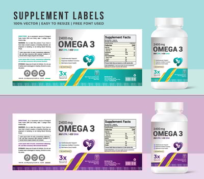 Omega 3 label supplement vitamin label with fish oil, bottle label packaging design  creative and modern design with multi vitamin natural vector medicine label daily food supplement.