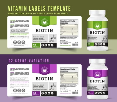 Biotin multi vitamin label design capsule bottle jar food supplement banner packaging sticker label energy health bio product, weight loss print ready graphic art vector quality new file.
