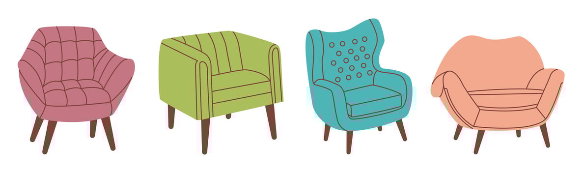Set of armchairs in trendy, modern style. Living room and patio furniture. Flat vector illustration.