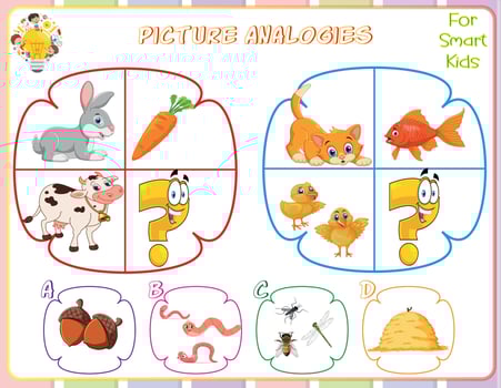 Logic worksheet picture analogies for kids are educational exercises that help children develop logical reasoning skills by identifying relationships between pictures. They enhance critical thinking vector