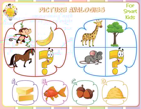 Logic worksheet picture analogies for kids are educational exercises that help children develop logical reasoning skills by identifying relationships between pictures. They enhance critical thinking vector