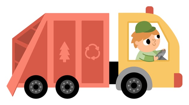 Garbage truck icon. Man driving rubbish van with recycling sign. Trash car illustration isolated on white background. Waste sorting concept. Vector environment protection picture