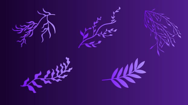 Neon Tropic Leaves Set, Vector Tropical Summer Leaf, vibrant purple template, Disco beach holidays elements collection, fluorescent colors design, paradise party illustration