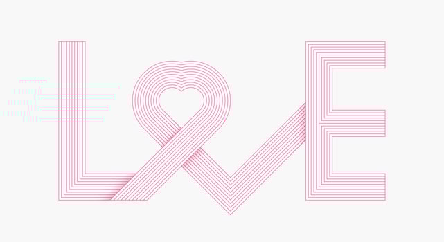 Calligraphy lettering of the word love in the shape of a heart. Geometric stripes white background pink lines. Texture element design for banner, card, poster, backdrop, wall. Vector illustration.