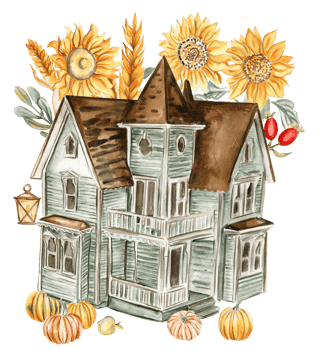 Watercolor hand drawn autumn farm house, pumpkins. Hand drawn illustration of an autumn. png