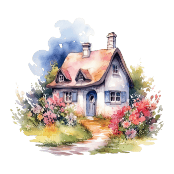 Watercolor cozy cottage surrounded by flowers garden, isolated. png