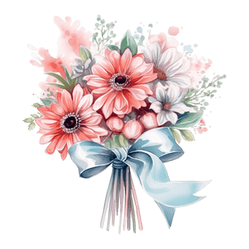 Watercolor delicate bouquet of flowers with a ribbon tied around, isolated. png