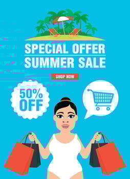 Summer sale concept design flat with girl in swimsuit. Special offer summer sale 50 off vector