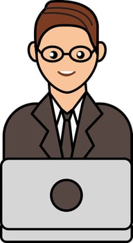 Eyeglasses Wearing Young Man With Laptop Colorful Icon. vector