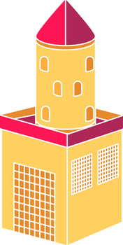 Flat Style Castle Tower Icon In Pink And Yellow  Color. vector
