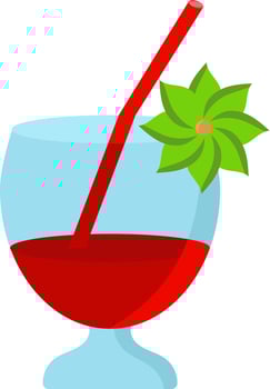 Cocktail Drink Glass Decorated With Flower Icon In Red And Green Color. vector