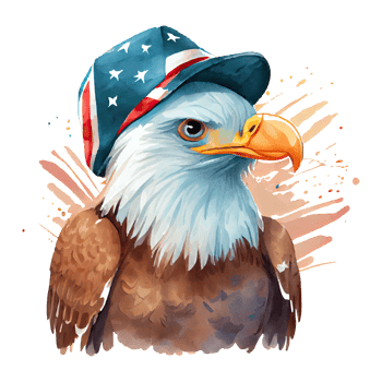 Watercolor happy cute patriotic eagle with American flag print, Fourth 4th of july Independence Day USA, isolated. png