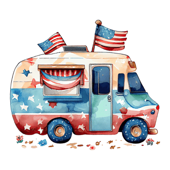 Watercolor happy cute patriotic car, track with American flag print, Fourth 4th of july Independence Day USA, isolated. png