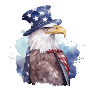 Watercolor happy cute patriotic eagle with American flag print, Fourth 4th of july Independence Day USA, isolated. png