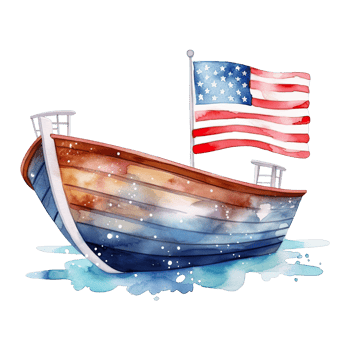 Watercolor happy cute patriotic boat, ship with American flag print, Fourth 4th of july Independence Day USA, isolated. png