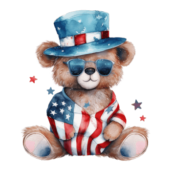 Watercolor happy cute patriotic bear with American flag print, Fourth 4th of july Independence Day USA, isolated. png