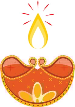 Flat Burning Oil Lamp Orange Element In Vintage Style. vector